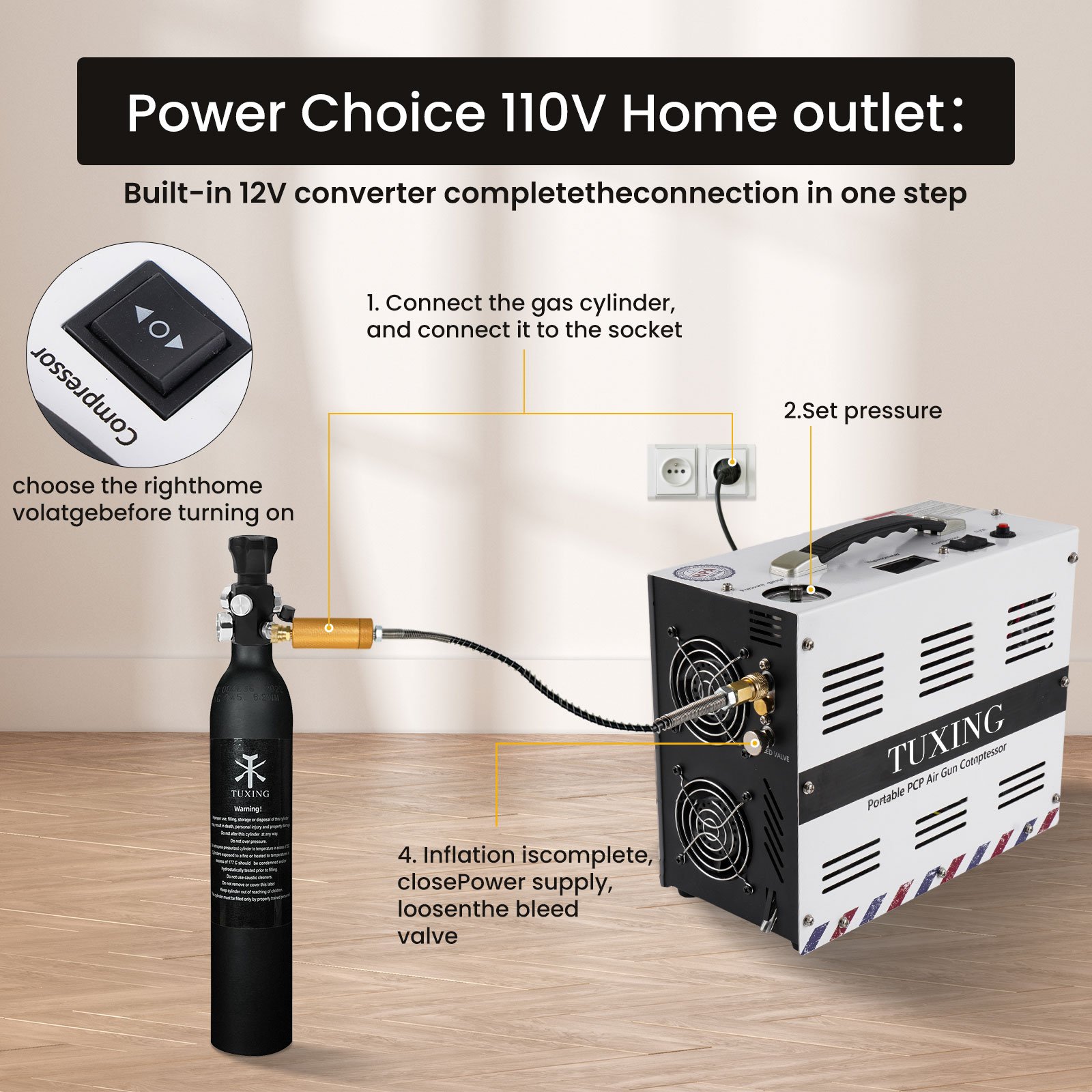TUXING New Style High Quality 12V 4500psi 300bar 30mpa Built-in Converter 220V Auto Stop Swimming Breathing PCP Air Compressor