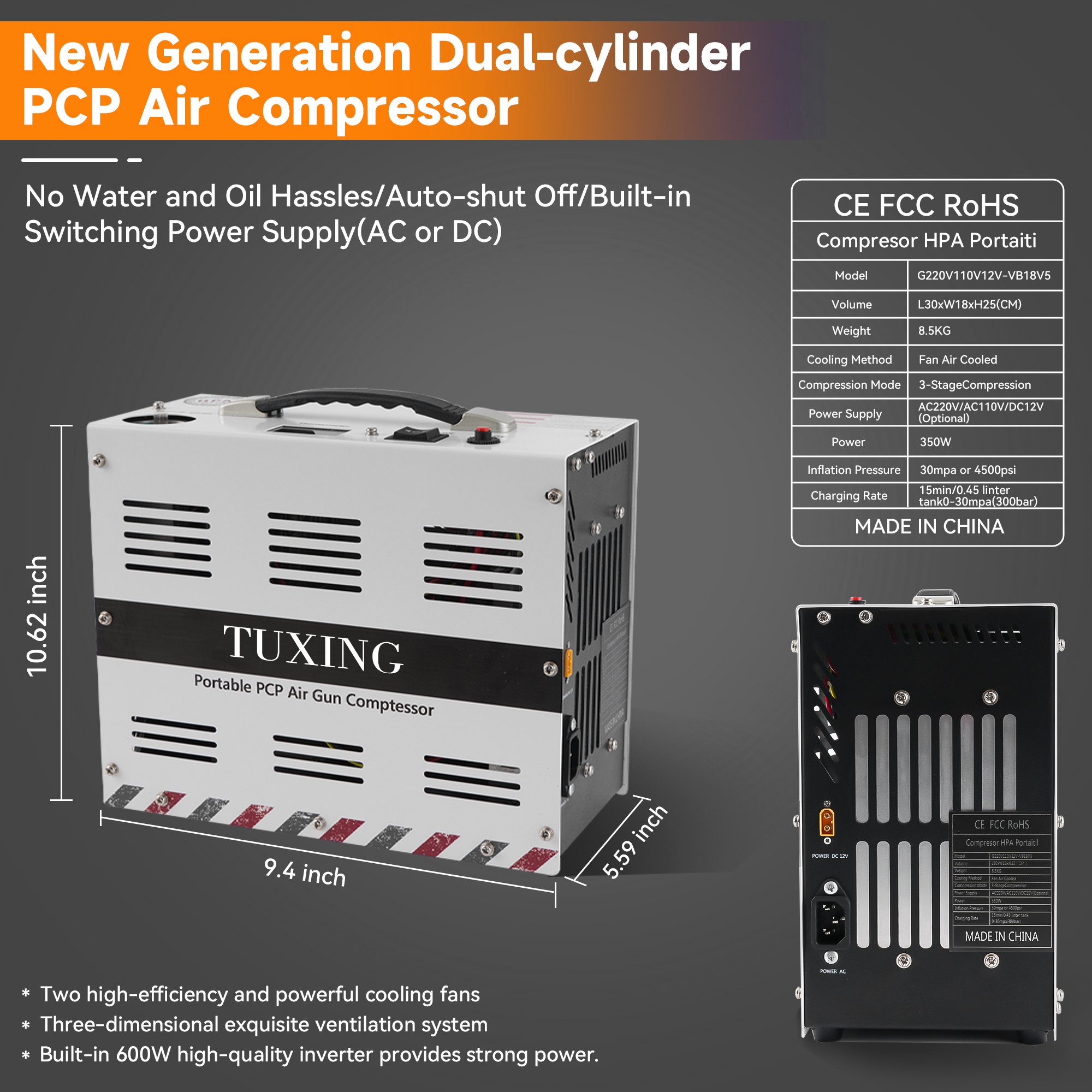TUXING New Style High Quality 12V 4500psi 300bar 30mpa Built-in Converter 220V Auto Stop Swimming Breathing PCP Air Compressor