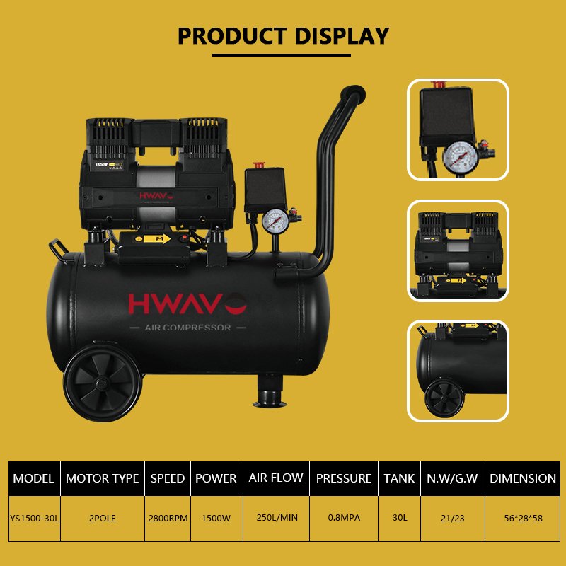 Wholesale Price Mini High Speed air Compressor 1.5kw Power 30L tank Oil Free Silent air Compressor