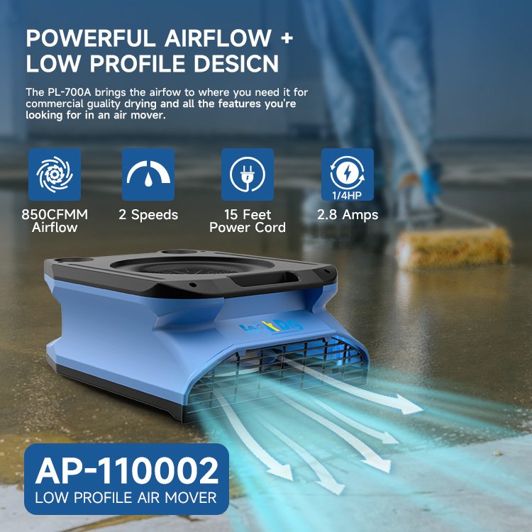 Air Blower High Pressure Turbo 820CFM Commercial Dryer Blower for Carpet Plumbing Stackable Flat Air Mover OEM Product