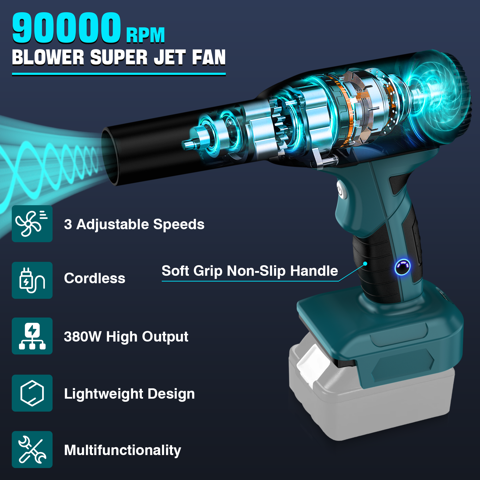 For Makita 18V 90000RPM Cordless Leaf Blower,3-Speed,Lightweight 380W Powerful Airflow Compatible with Makita Batteries