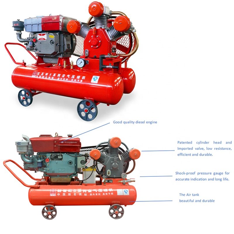 Gas Air Compressor 5 Bar Diesel Engine Portable Used 100cfm Piston Mining Air Compressors With Jack Hammer/Rock Drill Hammer