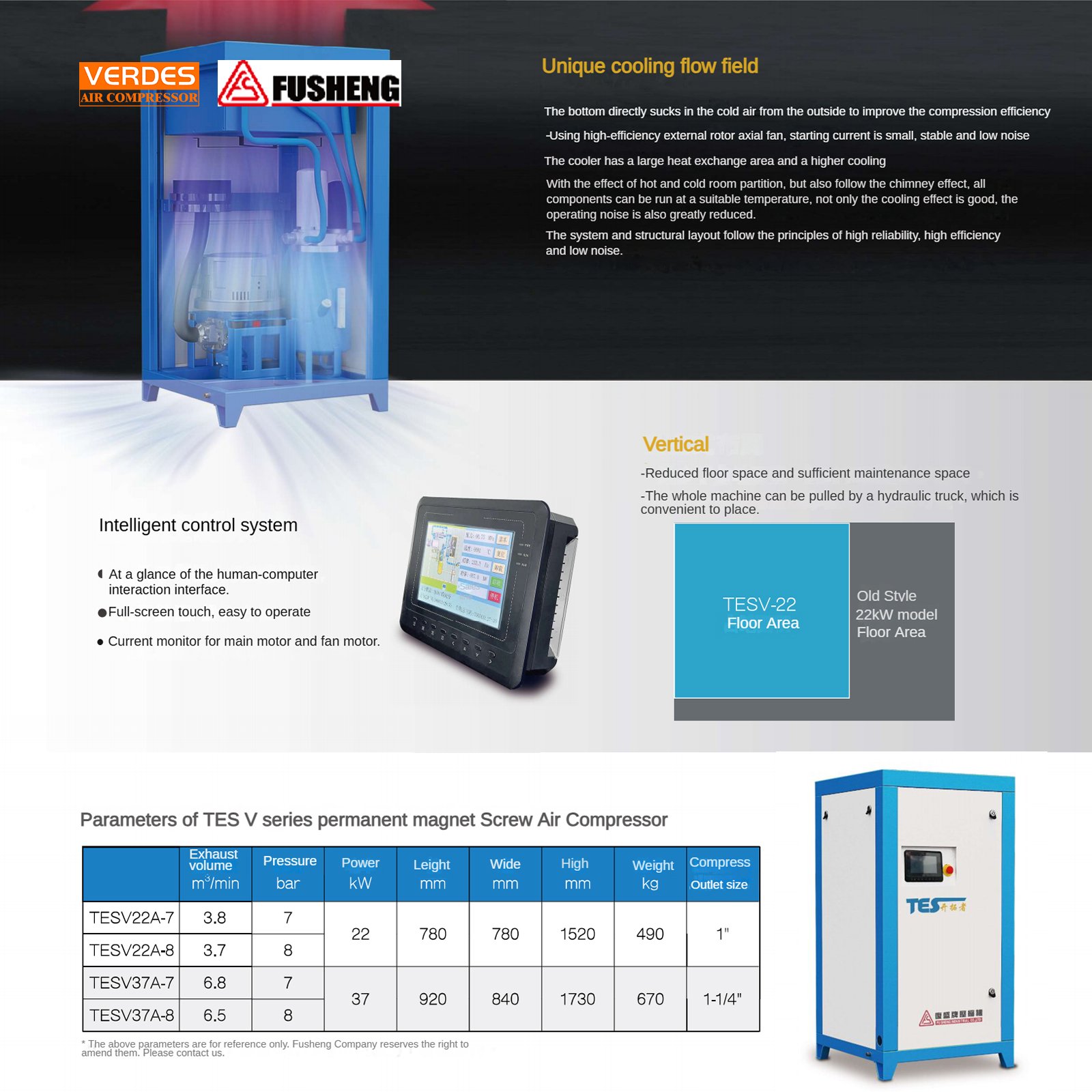Fusheng air Compressor TESV Series PM-VSD 8 10 bar Industrial air Compressor 30 40 50 hp Compresor De Aire De Tornillo