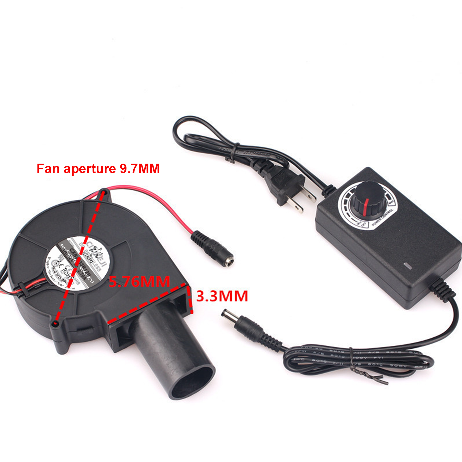 97 X 33 mm 12V 1.52A 18.24W 4800RPM 37.2CFM Oil-bearing DC Blower with Variable Speed Controller, Turbo Centrifugal Blower Fan