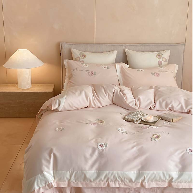 Girl Heart Sanded Four-piece Cotton Quilt Cover Flower Towel Embroidered Thickened Bedspread Bedding
