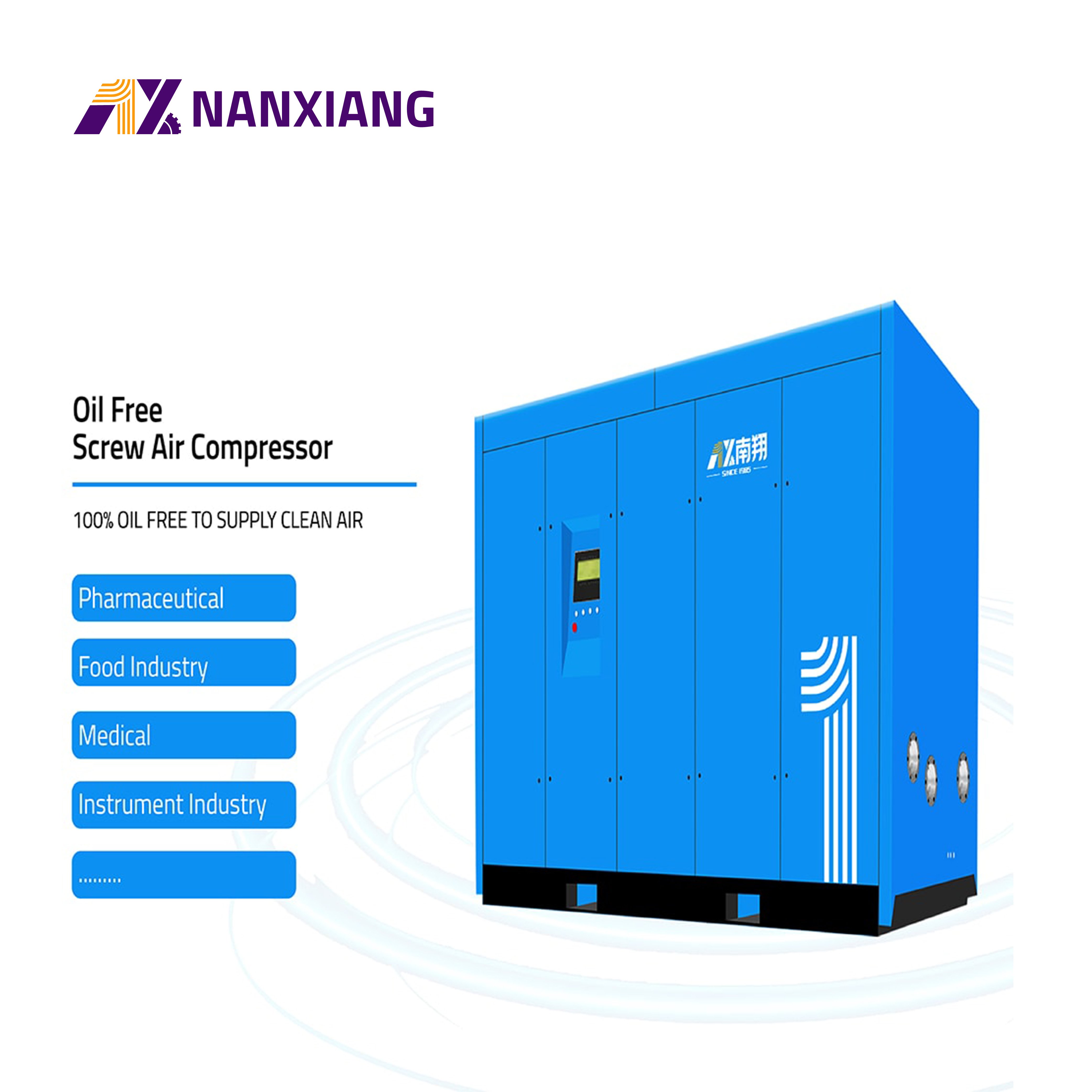 Nanxiang Factory Supply Screw Type 110kw Dry Oil Free Industrial Screw Air Compressor 150ph 7-10bar Vsd Oil Free Air Compressor