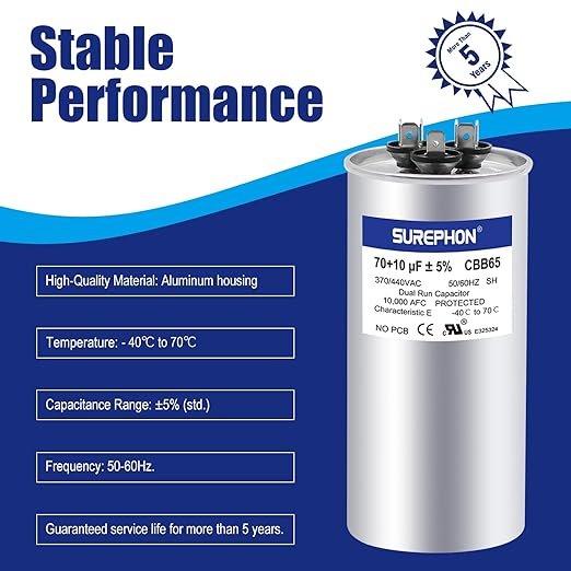 CBB65 70+10 uF 70/10 MFD 370V 440V Run Capacitor for AC Unit Fan Motor Start, Heat Pump, or Condenser Straight Cool