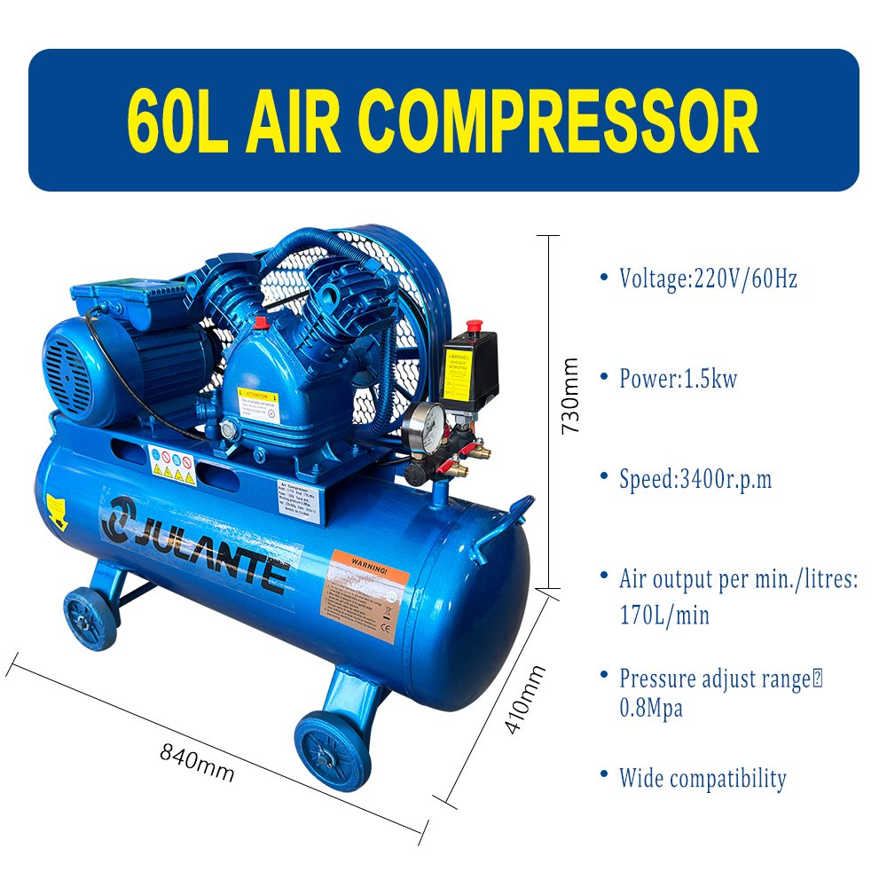 220V 8Bar Piston Aluminum Shell Belt Driven 1.5kw 2hp 60L air Compressor