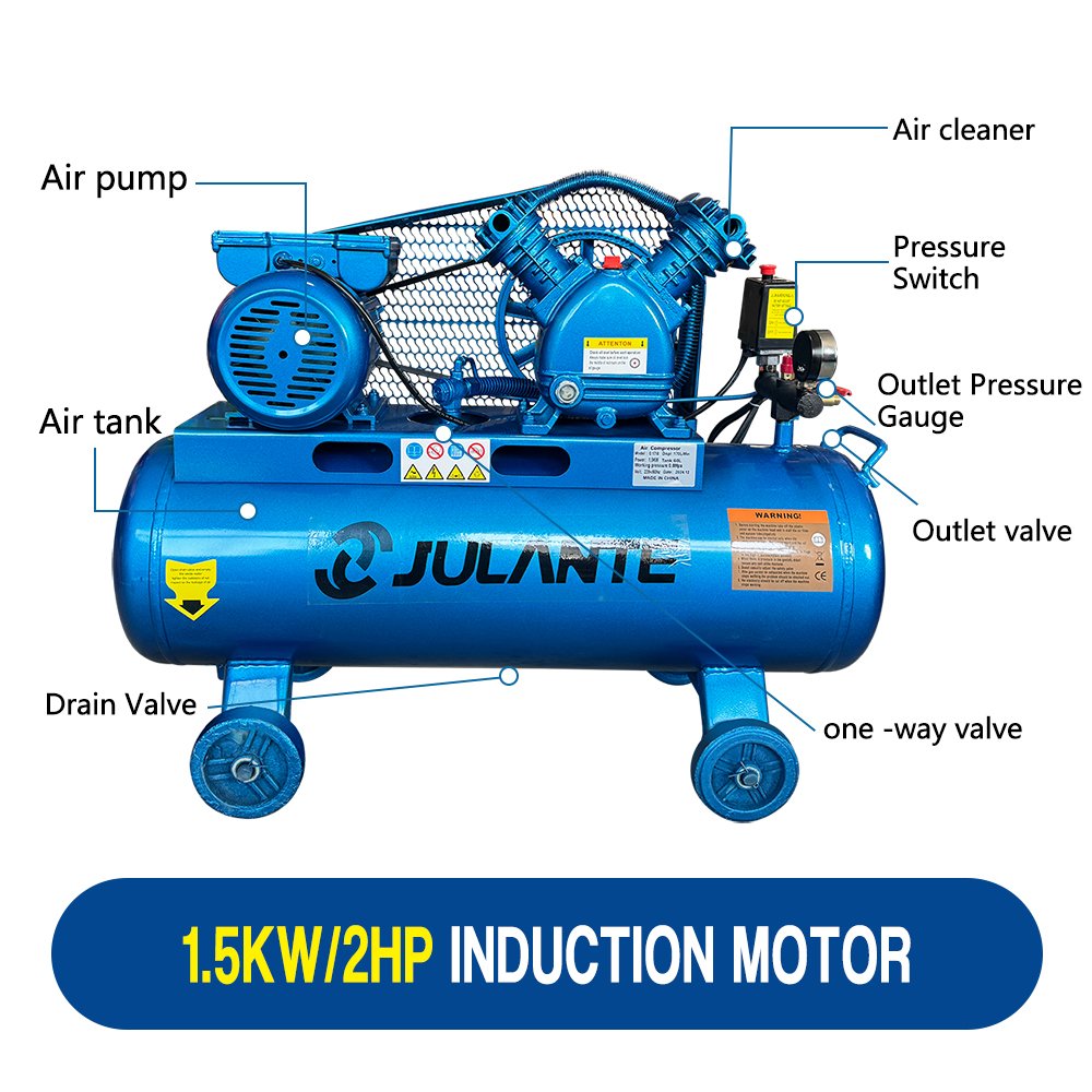 220V 8Bar Piston Aluminum Shell Belt Driven 1.5kw 2hp 60L air Compressor
