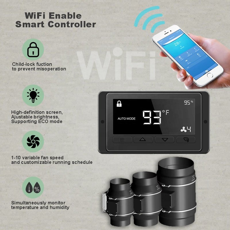4 Inch Duct Fan with Smart APP WiFi Controller Blower Exhaust Booster Fan and Carbon Filter Air Filtration Combo for Hydroponics