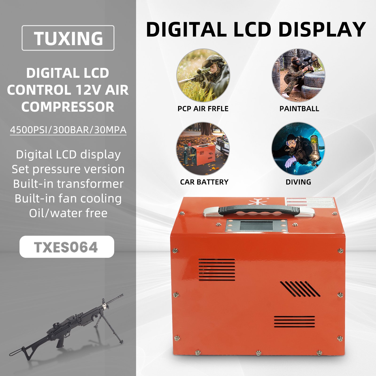 TUXING Built-in Transformer 4500psi/300bar/30mpa Oil Water Free Paintball Tank PCP Diving Digital LCD Display 12v Air Compressor