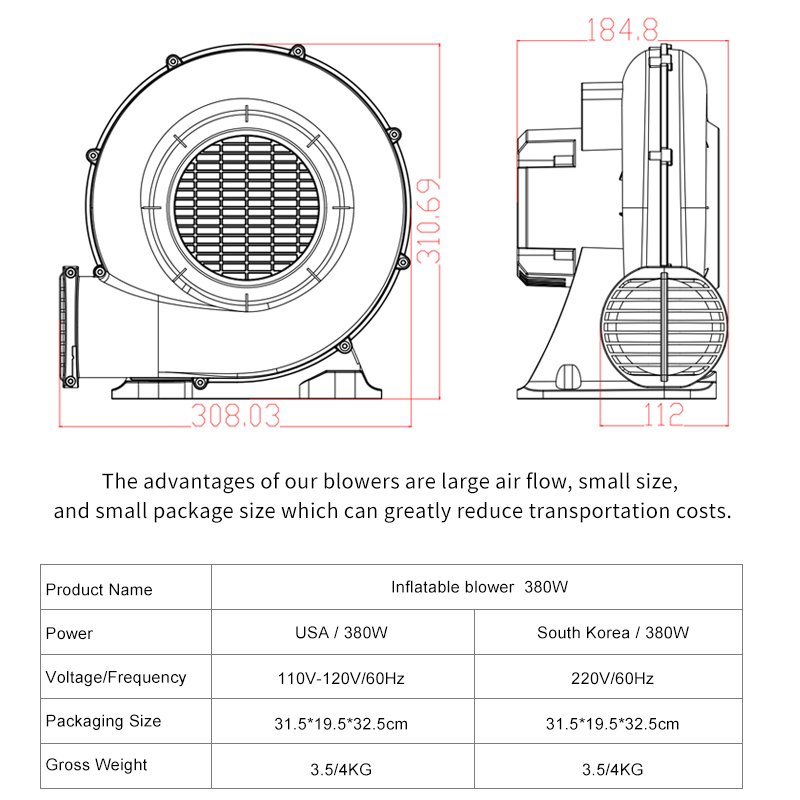 High Pressure Plastics air Blowers 380 Watt air Blower Fan for Inflatable