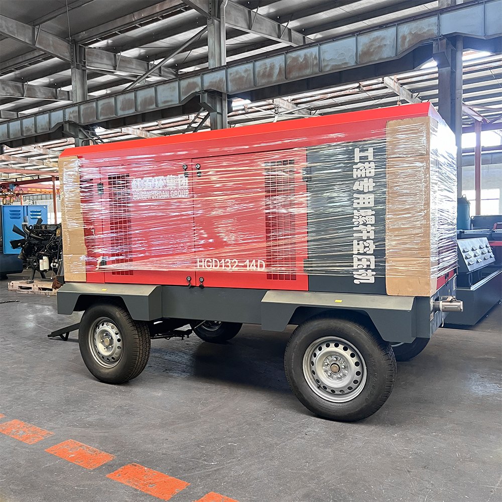 HGD132-14D 500cfm 14Bar Diesel Engine Screw air Compressors 4 Wheels air Compressors for Construction Work Mine Drilling Rig