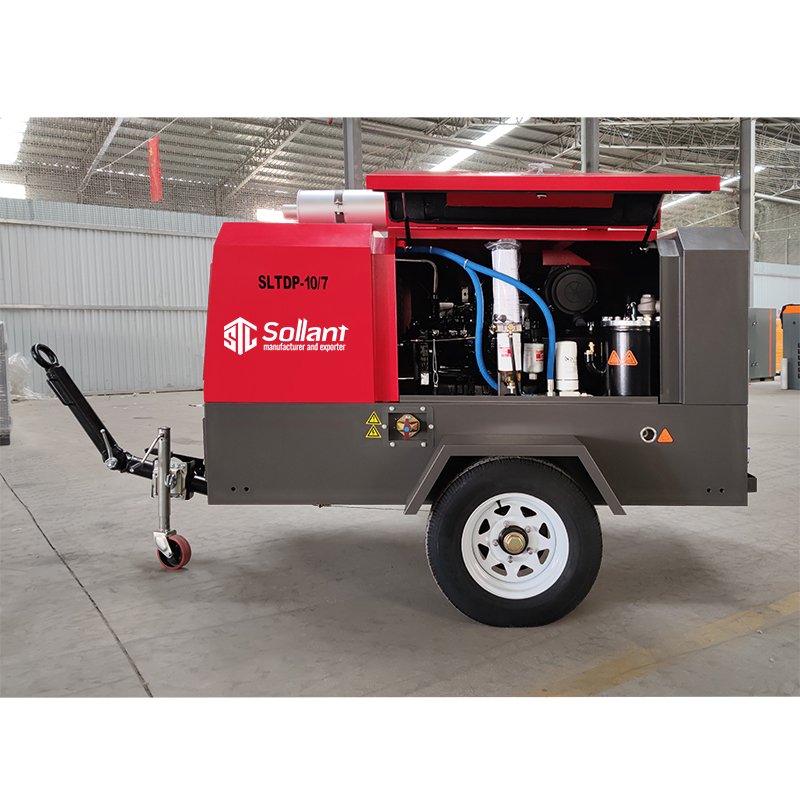 Sollant 40hp 50hp 75hp Portable Mining Diesel Engine Screw Air Compressor Diesel Screw Compressor With Wheels