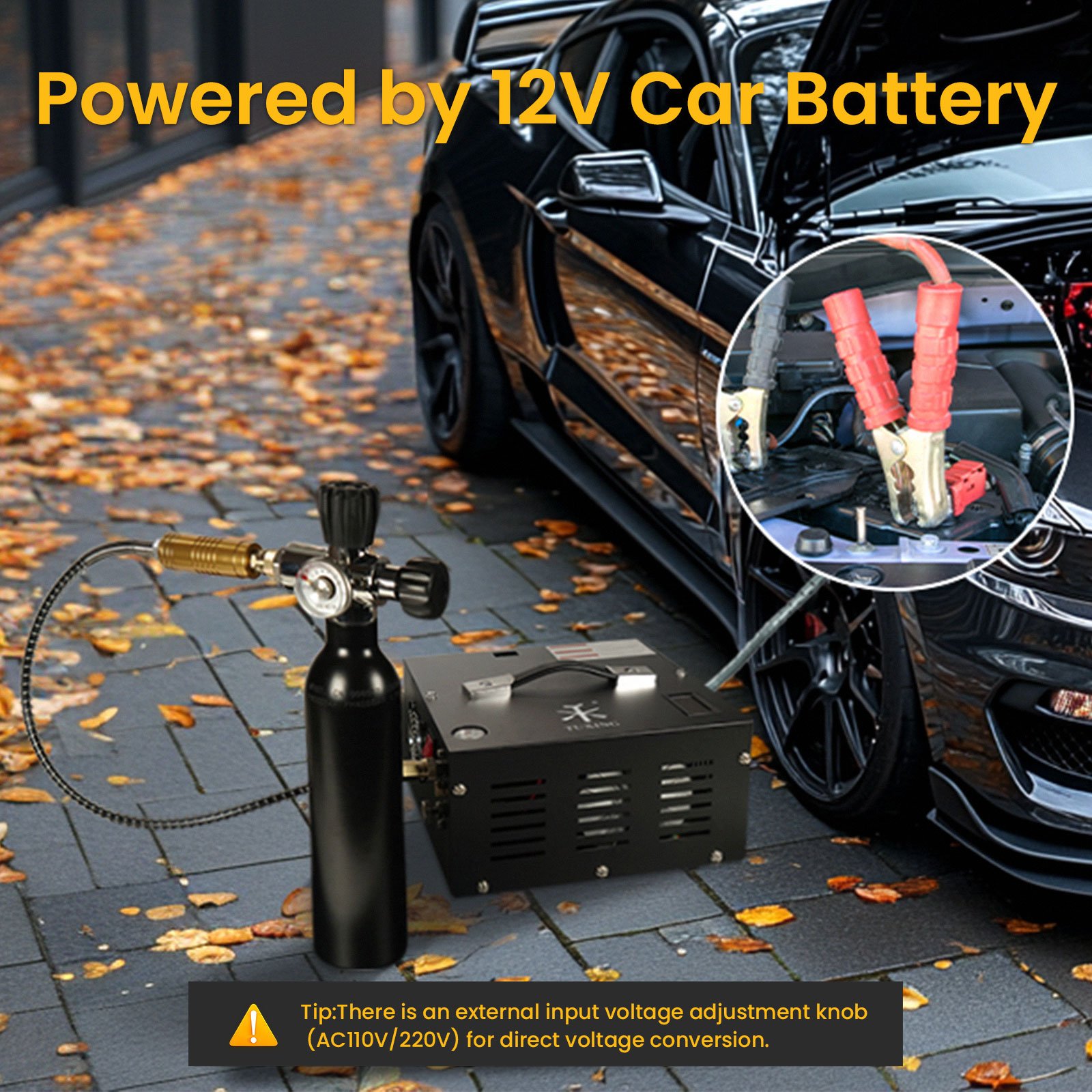 TUXING New Design Custom-Made Built-in Battery Converter 4500psi 300bar 30mpa 220V 12V DC Household Paintball Pcp Air Compressor