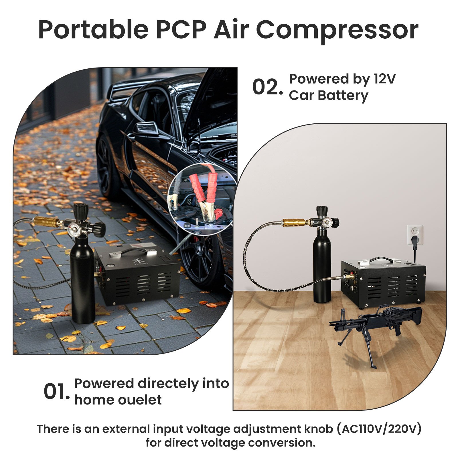 TUXING New Design Custom-Made Built-in Battery Converter 4500psi 300bar 30mpa 220V 12V DC Household Paintball Pcp Air Compressor