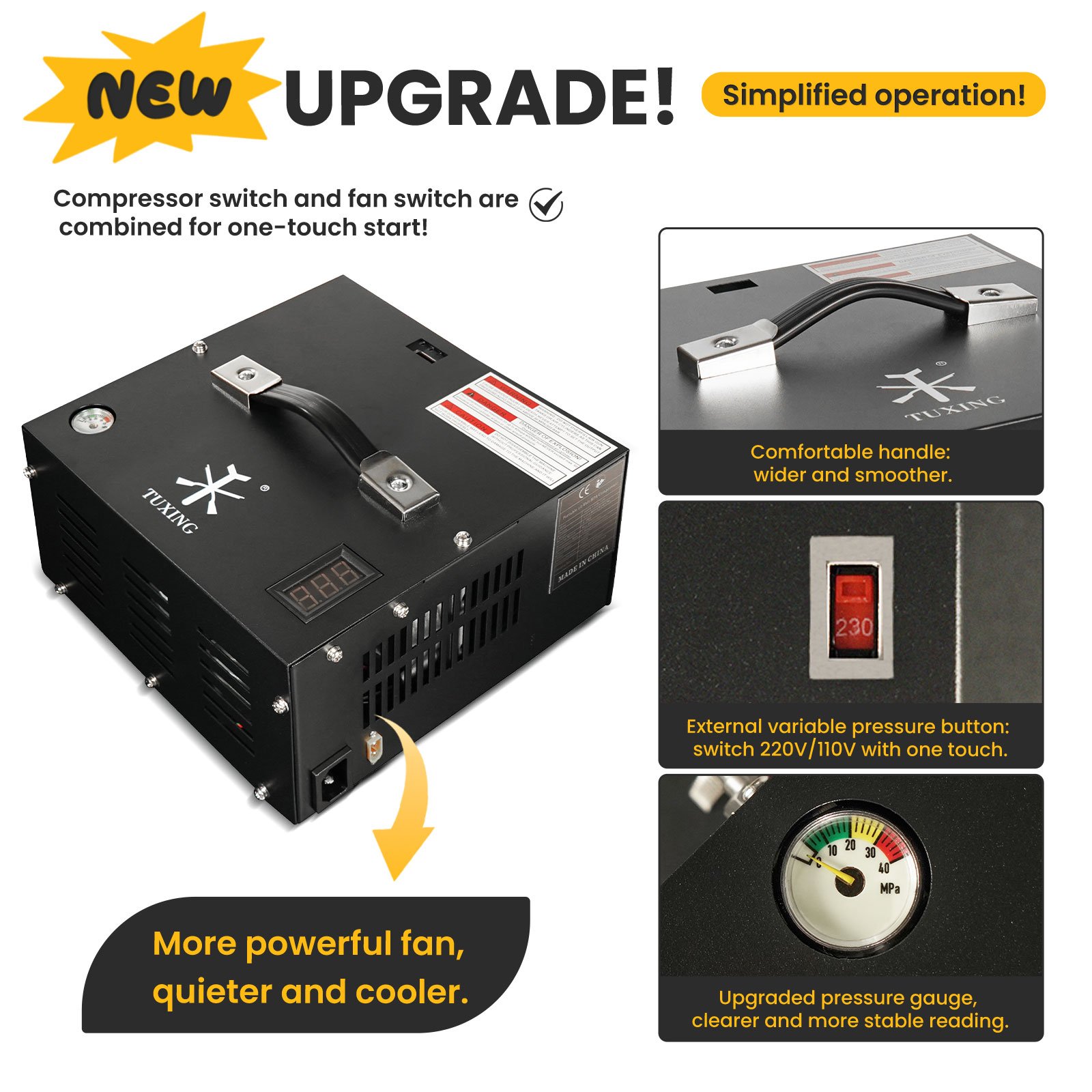 TUXING New Design Custom-Made Built-in Battery Converter 4500psi 300bar 30mpa 220V 12V DC Household Paintball Pcp Air Compressor