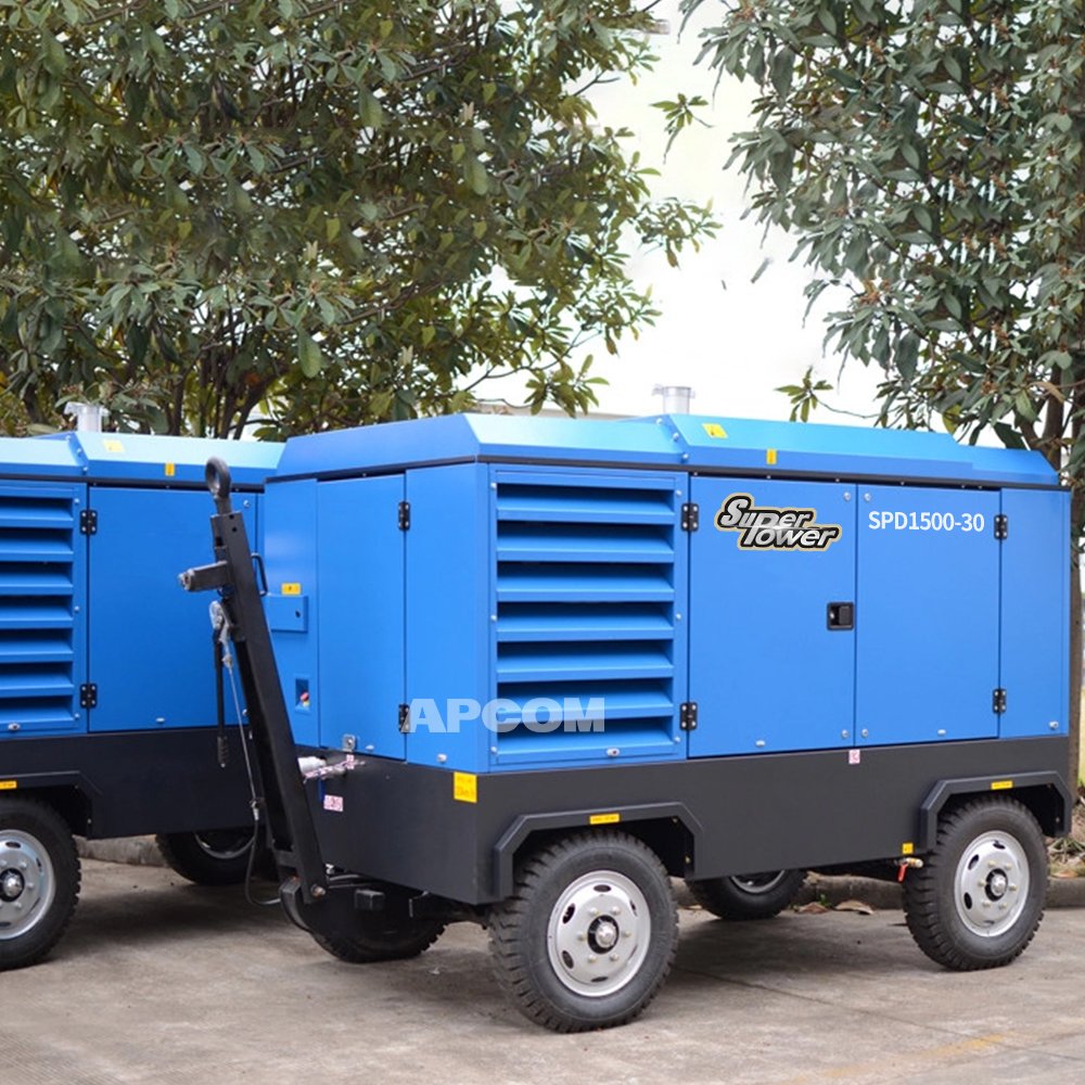 APCOM Compresor Small Mobile Portable diesel Screw air Compressors diesel 185cfm 385 300 185 Cfm with Jack Hammer for Mining