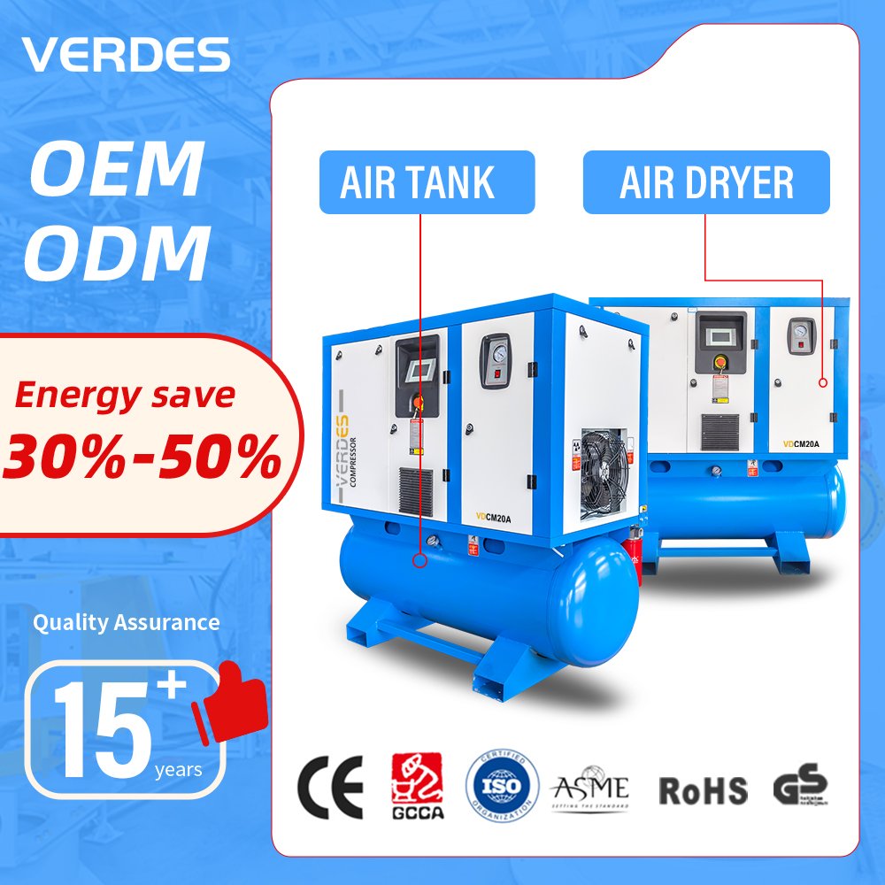 Verdes Rotary Screw Air Compressor 300 500 Lilter Air Tank Dryer All in One Compressor 60 70 80 Gallons Air Compressor