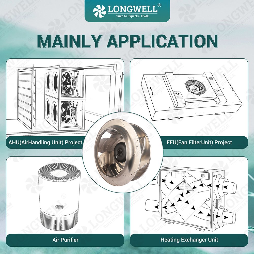 LONGWELL 450mm EC Aluminum Alloy Welded Backward Curved Centrifugal Fan Blades EC High Pressure Centrifugal Fan Impeller