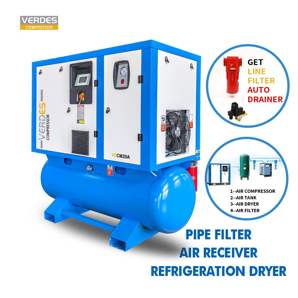 Verdes 7.5kw-37kw 10hp 8Bar Permanent Magnet VFD Rotary Screw Air Compressor 380v/440v Air-compressors with Tank and Dryer