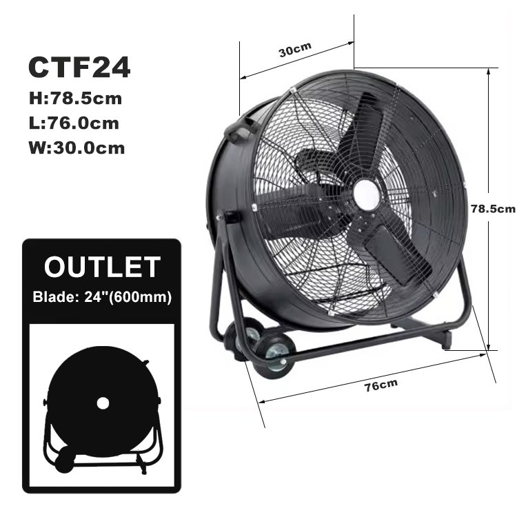 24 Inch Metal Floor Drum Fan Large Air Volume Energy Saving 3 Speeds High Velocity Heavy Duty Industrial Axial Blower