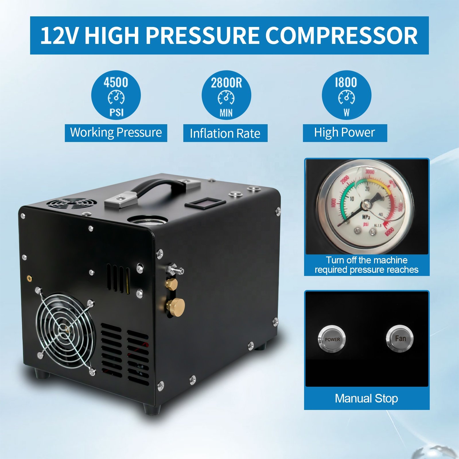 GP Manual Stop Wholesale 12V 110V 220V 300bar 4500psi 30mpa Built-in Power Transformer PCP Paintball Hunting PCP Air Compressor