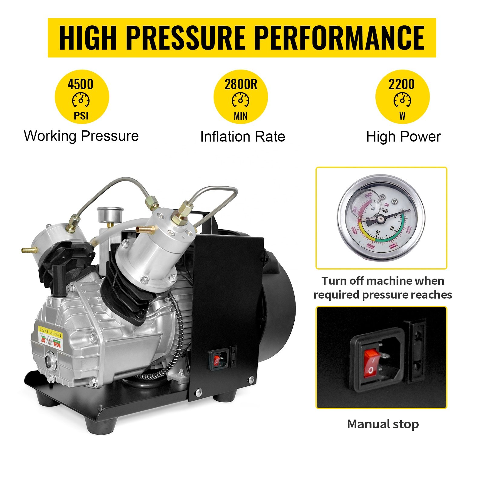 GP Double Cylinder High Pressure 4500psi 300bar Electric PCP Air Compressor for Paintball Snorkeling Water Sports Hunting