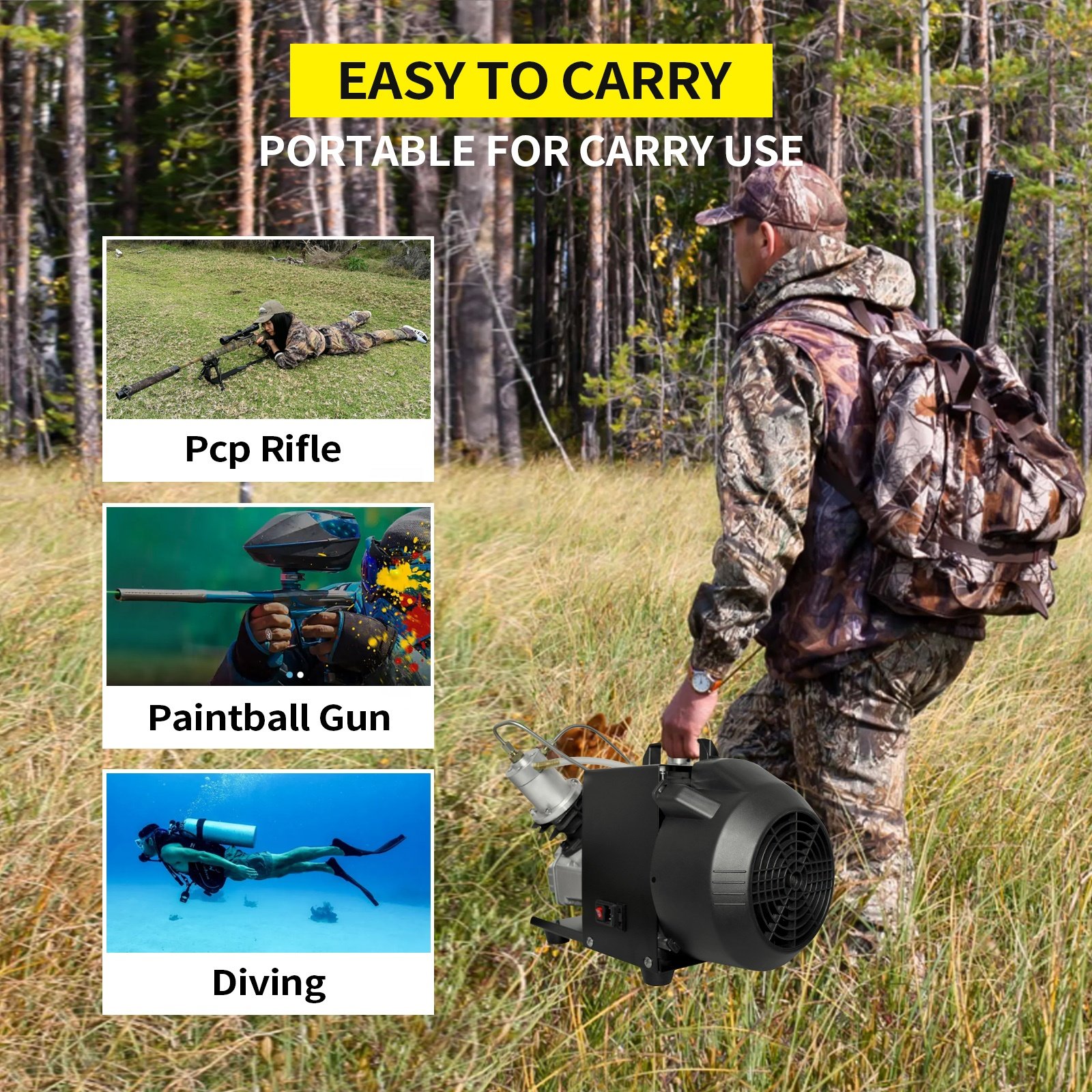GP Double Cylinder High Pressure 4500psi 300bar Electric PCP Air Compressor for Paintball Snorkeling Water Sports Hunting