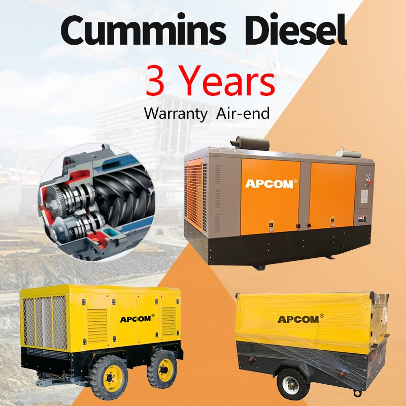 APCOM 37kw 50hp 7bar 185 Cfm Portable Diesel Engine Air Compressor Heavy Duty Screw for Mining New Design Air Cooled Cooling