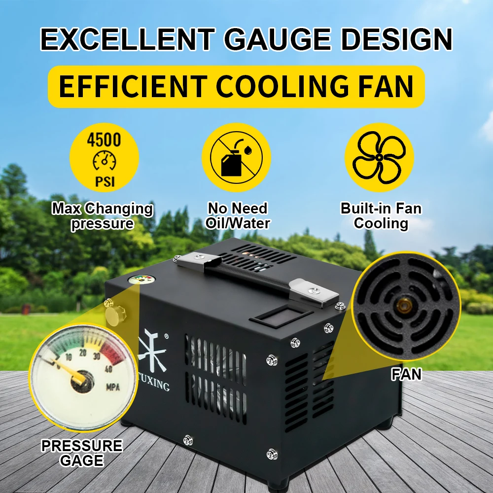 TUXING Factory Wholesale 220V/110V 12V 4500psi/300bar Temperature Gauge Display Portable Paintball Hunting PCP Air Compressor
