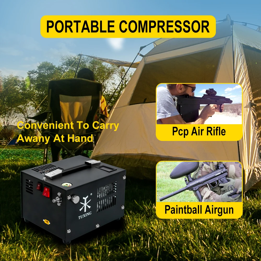 TUXING Factory Wholesale 220V/110V 12V 4500psi/300bar Temperature Gauge Display Portable Paintball Hunting PCP Air Compressor