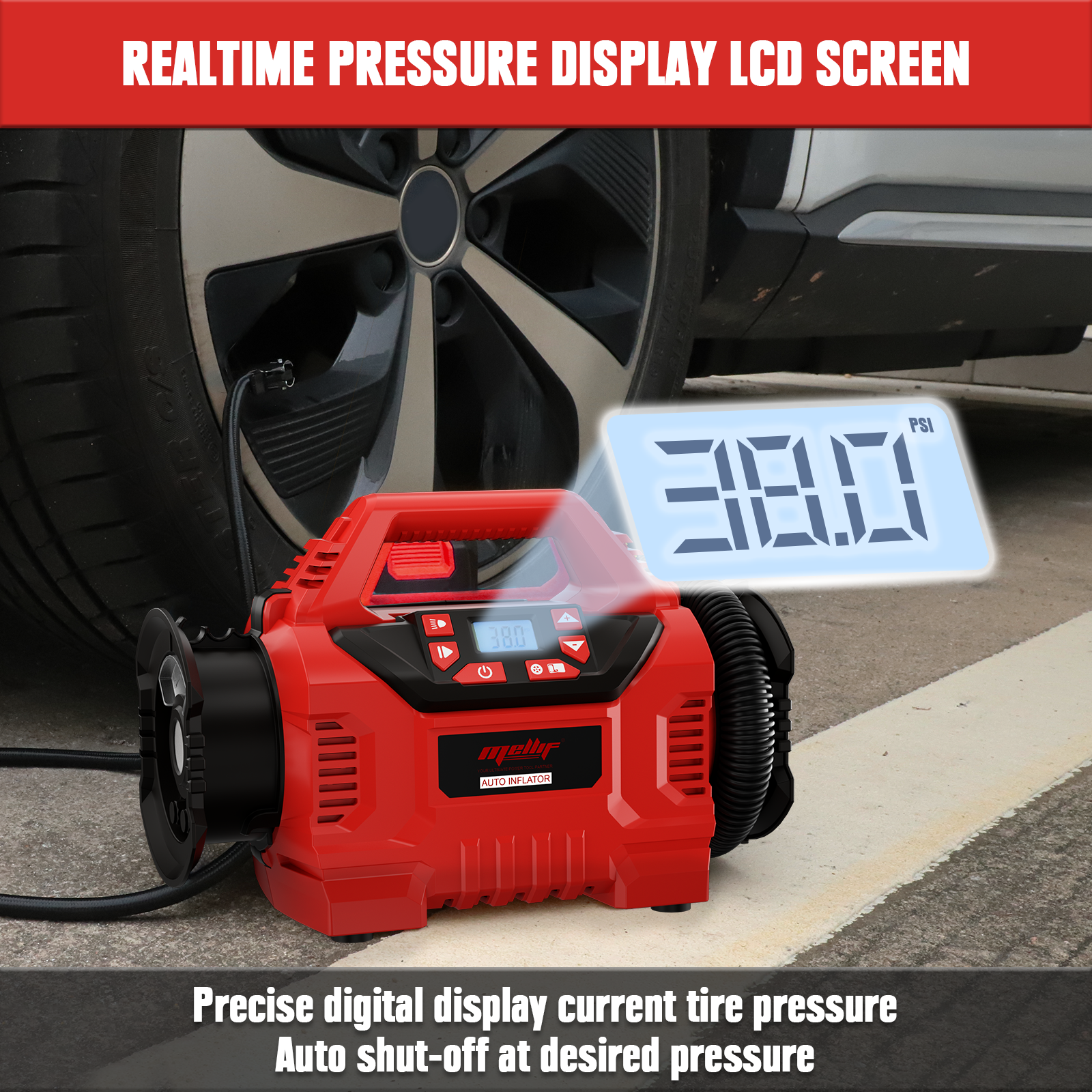Mellif Cordless Tire Inflator Air Compressor for Milwaukee 18V Battery(Tool Only), 160PSI Portable Air Pump with Digital Gauge