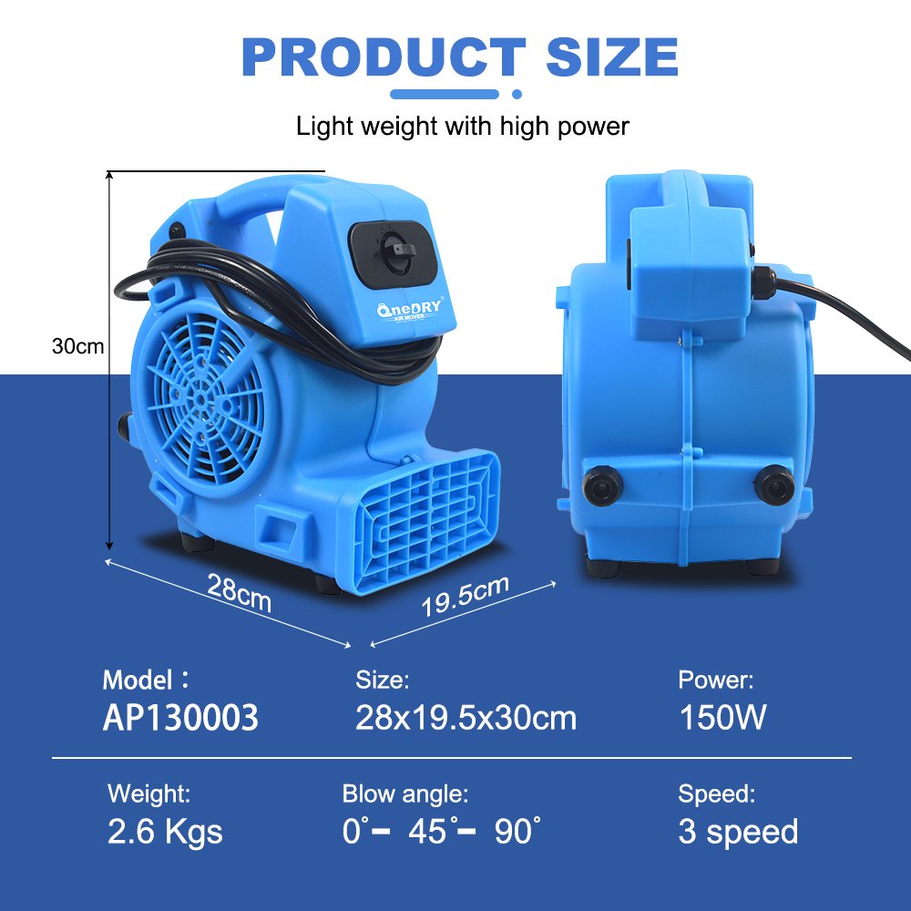 Onedry 1/8HP 600cfm Commercial Drying Fans Compact Carpet Dryer Floor Dryer UtIlity Fan Blower Mini Air Mover for Home