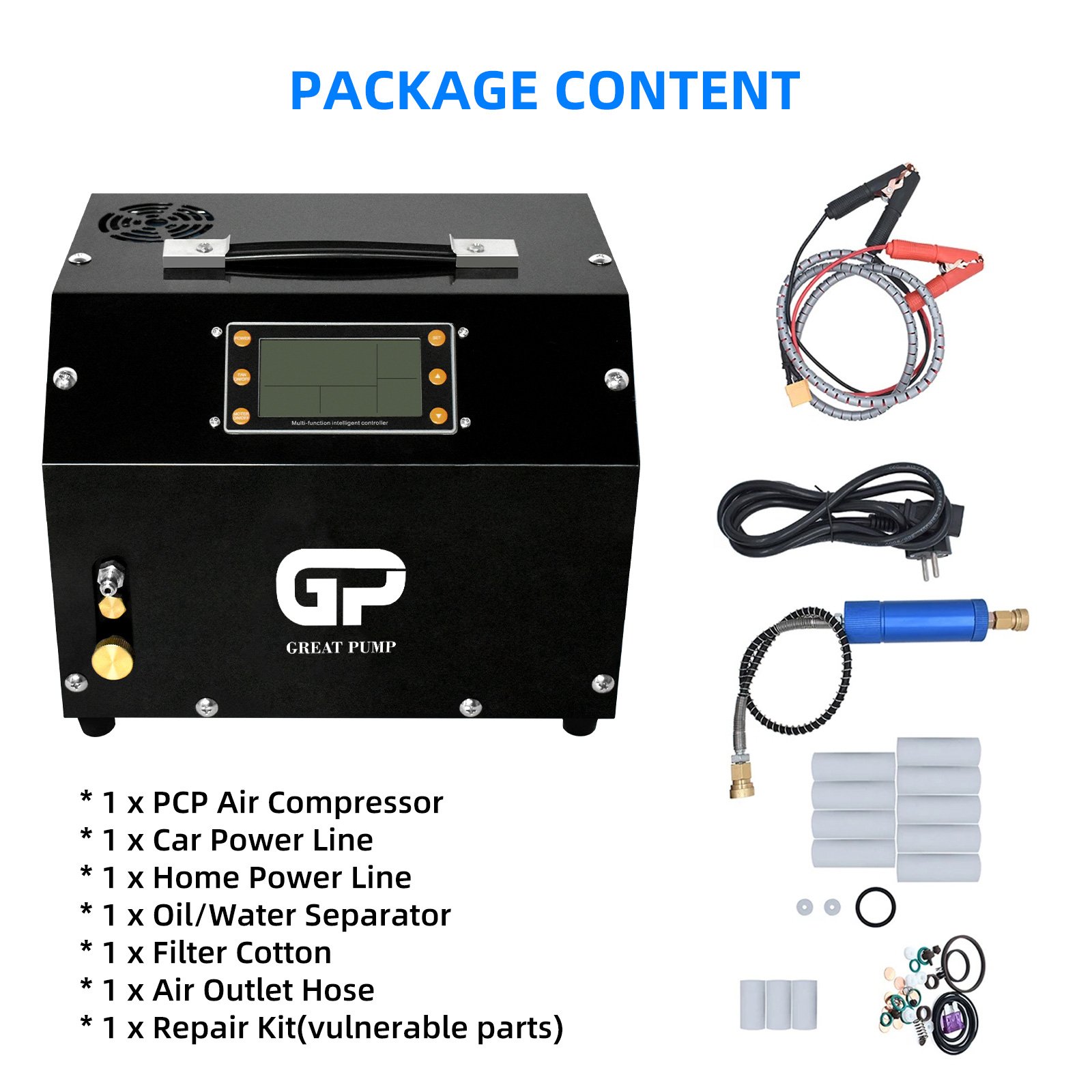GP Factory Direct Sale High Pressure 12V 110V 220V 4500psi 300bar 30mpa House Use Paintball Game Air Compressor With LCD Screen
