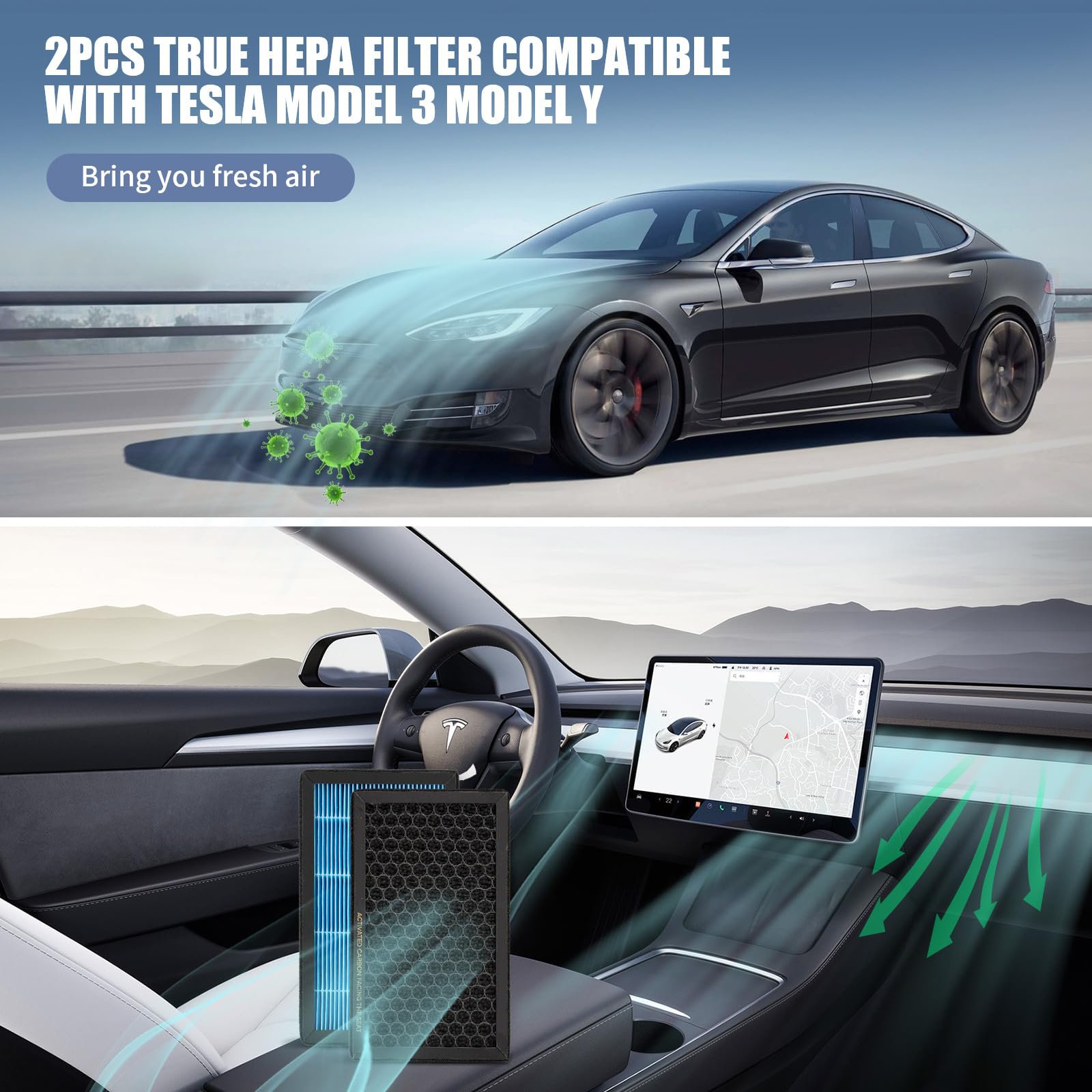 True HEPA Filter Replacement Air Filter with Tesla Model 3 Model Y Activated Carbon Cabin HEPA Air Filter