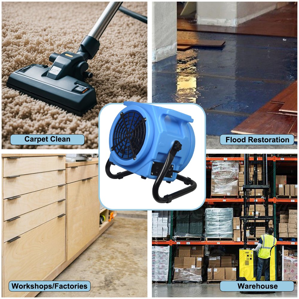 1/4HP High Speed Axial Fan Compact 1050CFM Air Mover Floor Blower Fan Industrial Carpet Dryer 360° With Daisy Chain Stand