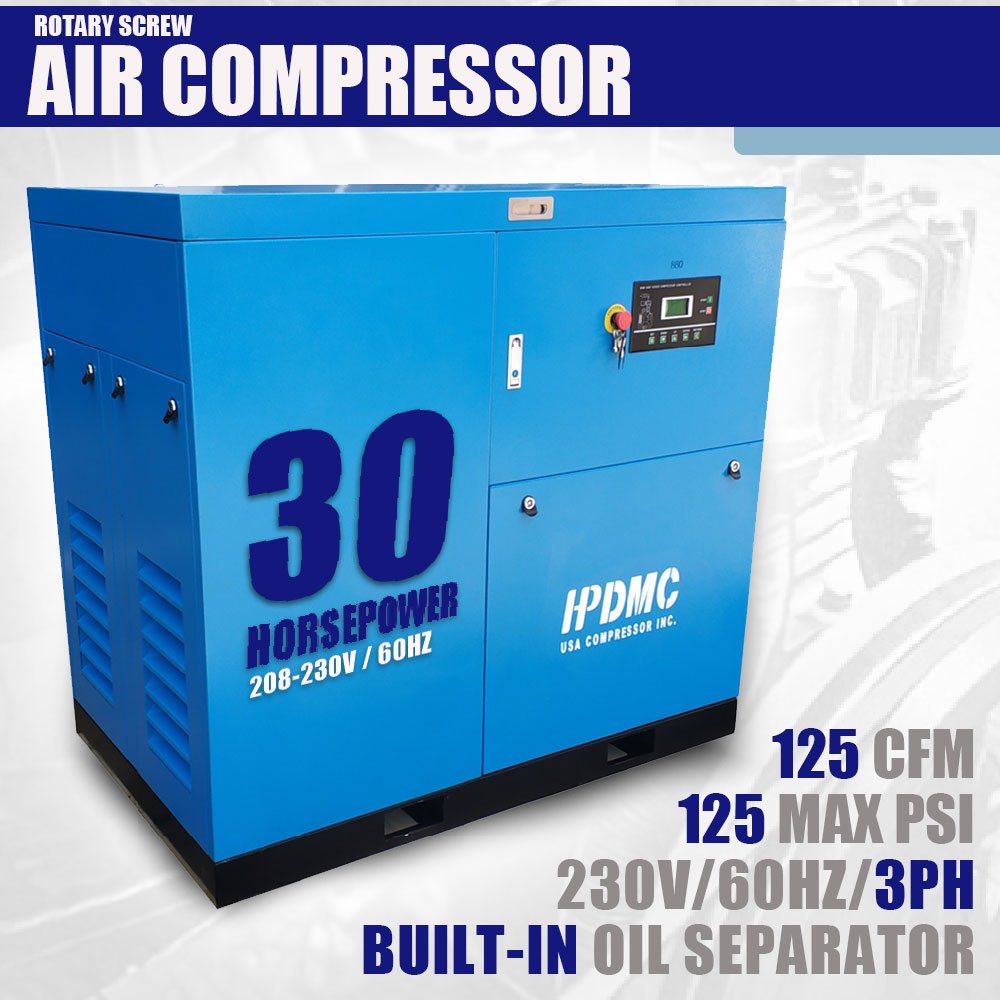 30HP 22KW Rotary Screw Air Compressor 120CFM 125PSI 208-230V and 460V 3 Phase Industrial Air Compressed System