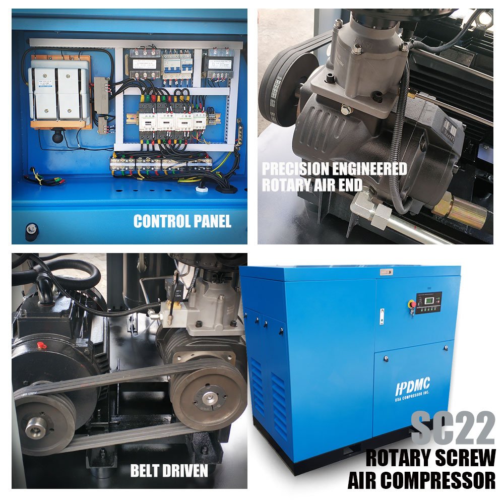 30HP 22KW Rotary Screw Air Compressor 120CFM 125PSI 208-230V and 460V 3 Phase Industrial Air Compressed System