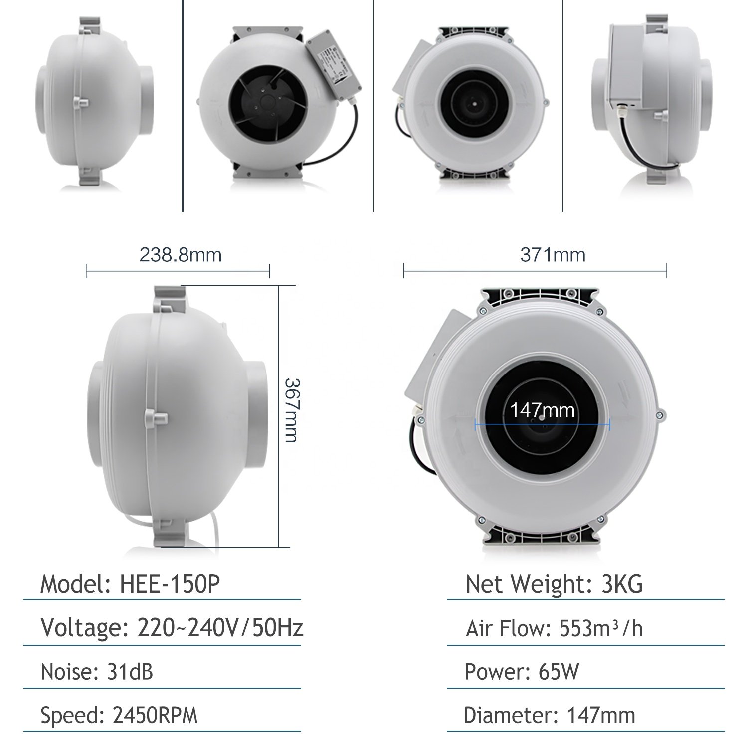 Hon&guan Hot-selling NSK Ball Bearing Metal Circular Inline Fans Centrifugal Fan 150mm Forward AC Centrifugal Fan