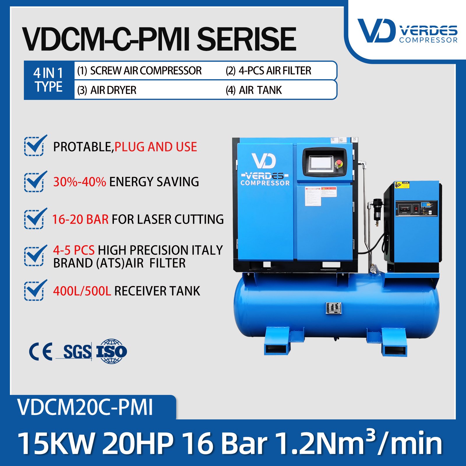 VERDES Industrial Rotayr Screw Type air Compressor 15 bar 16 bar with air Dryer tank 300l 400l 500l for Laser Cutting Machines