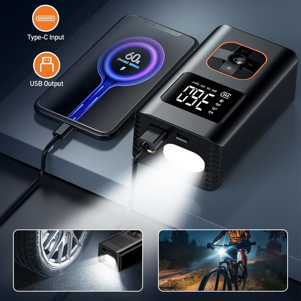 10000mAh Electric Bike Tire Pump Inflator Portable Air Compressor Compact Cordless Air Pump for Car Tires