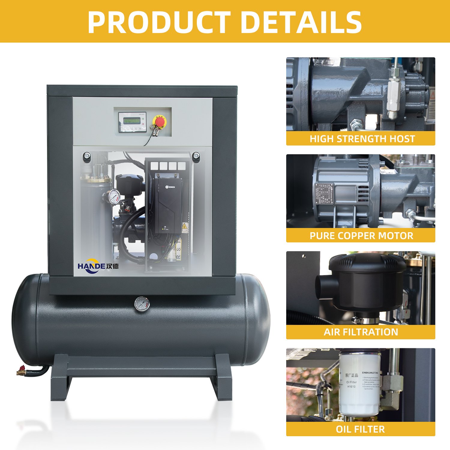 HANDE 2-in-1 Air Compressor 7.5KW 11KW 15KW 18.5KW 22KW Energy Saving 10HP 8 & 10 Bar PM VSD Two in One Screw Air Compressor