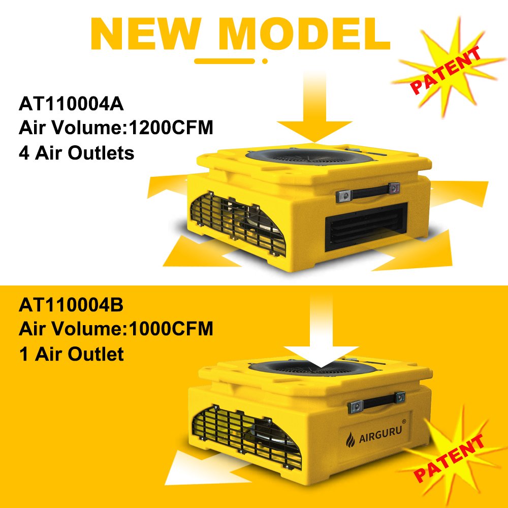 AIRGURU New 4 air Outlets Low Profile air Mover Carpet Dryer Flat Floor Fan Blower with GFCI for restoration Made in Thailand