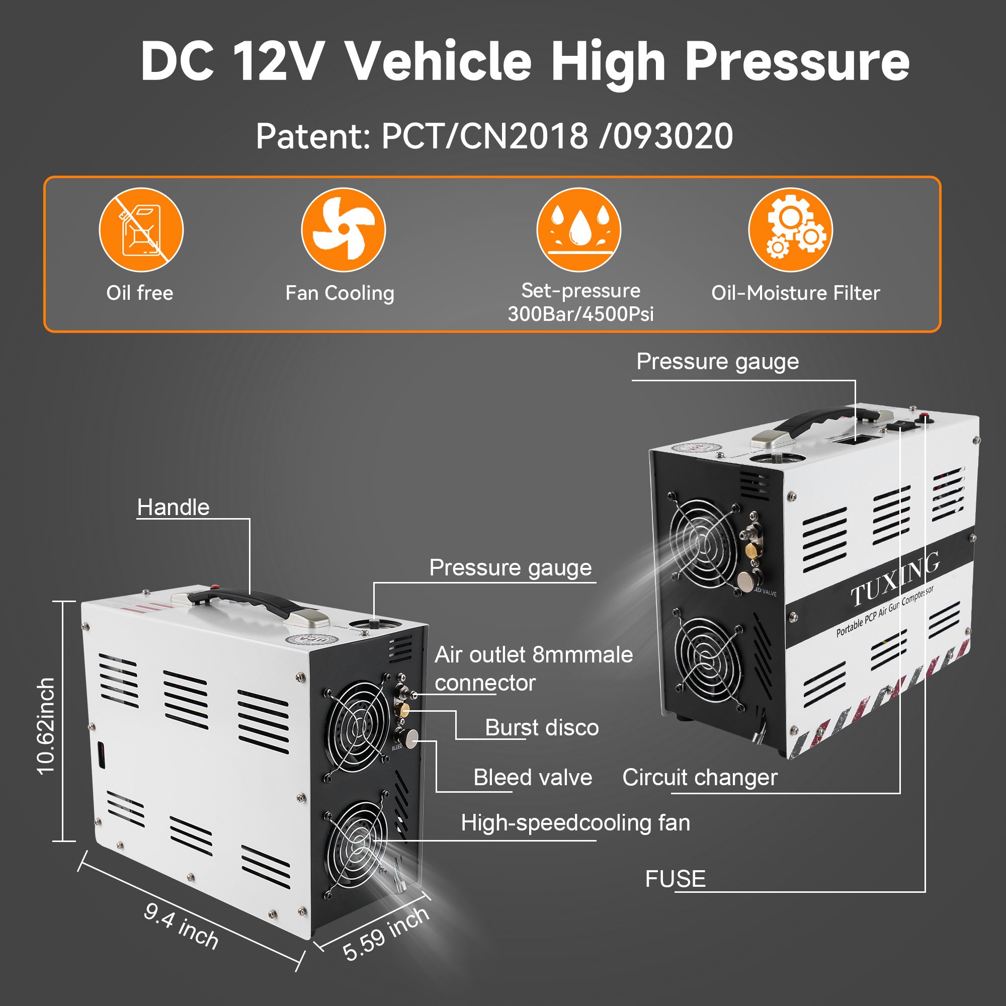 TUXING New Design White 4500psi 300bar 30mpa 12V DC Power Scuba Diving Inflation Paintball Gas Cylinder Household Air Compressor