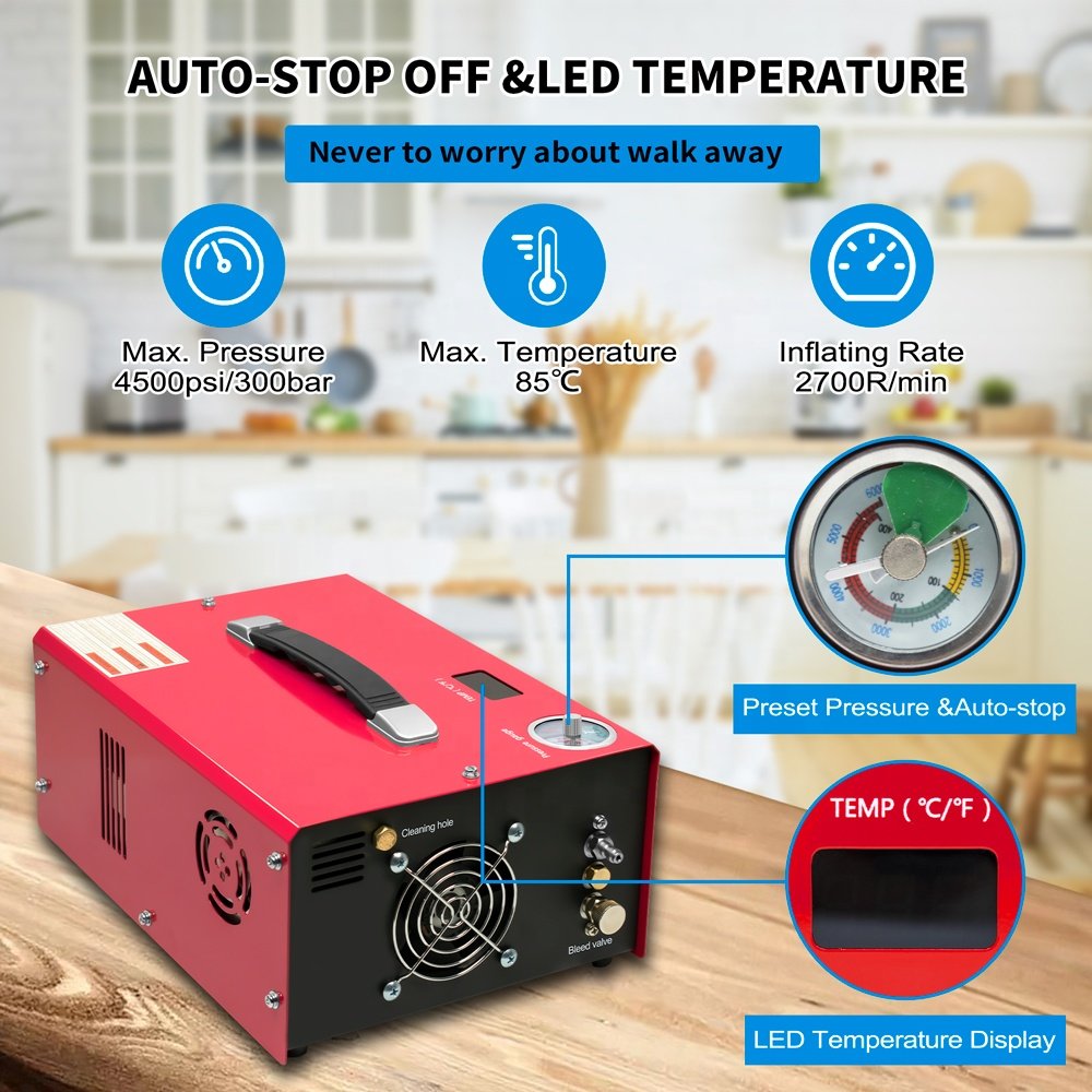 GP Auto Stop 4500psi 300bar High Pressure 12V 110V 220V PCP Paintball Game Swimming Household Outdoor Activities Air Compressor
