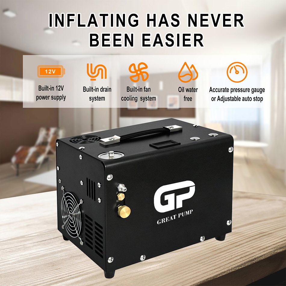 GP Customized OEM Convenient Electric 12V Portable Auto Stop 30mpa 4500psi Pump PCP Inflation Air Compressor for Paintball Game