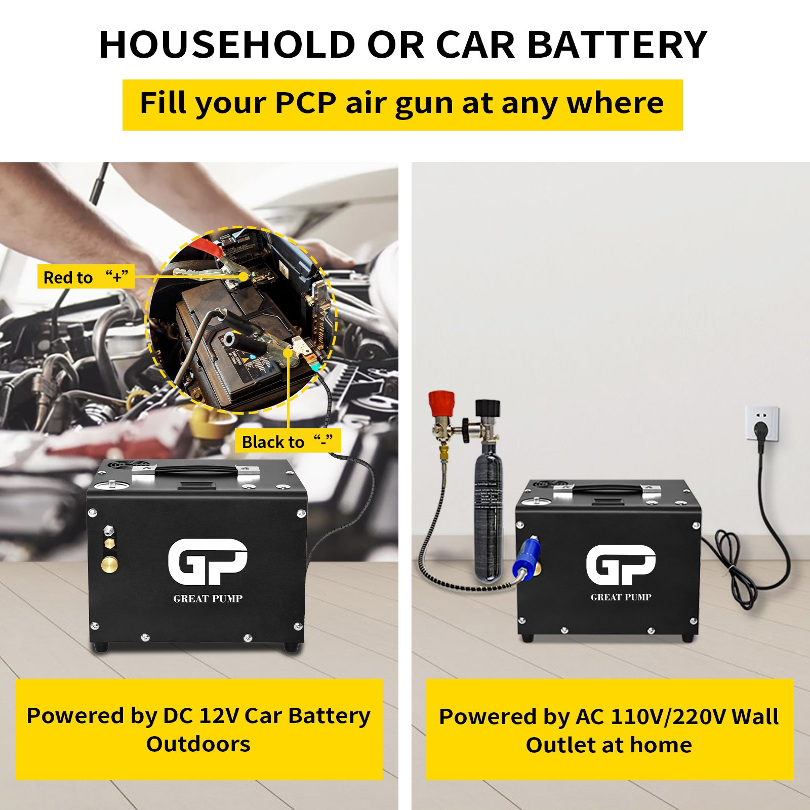 GP Customized OEM Convenient Electric 12V Portable Auto Stop 30mpa 4500psi Pump PCP Inflation Air Compressor for Paintball Game