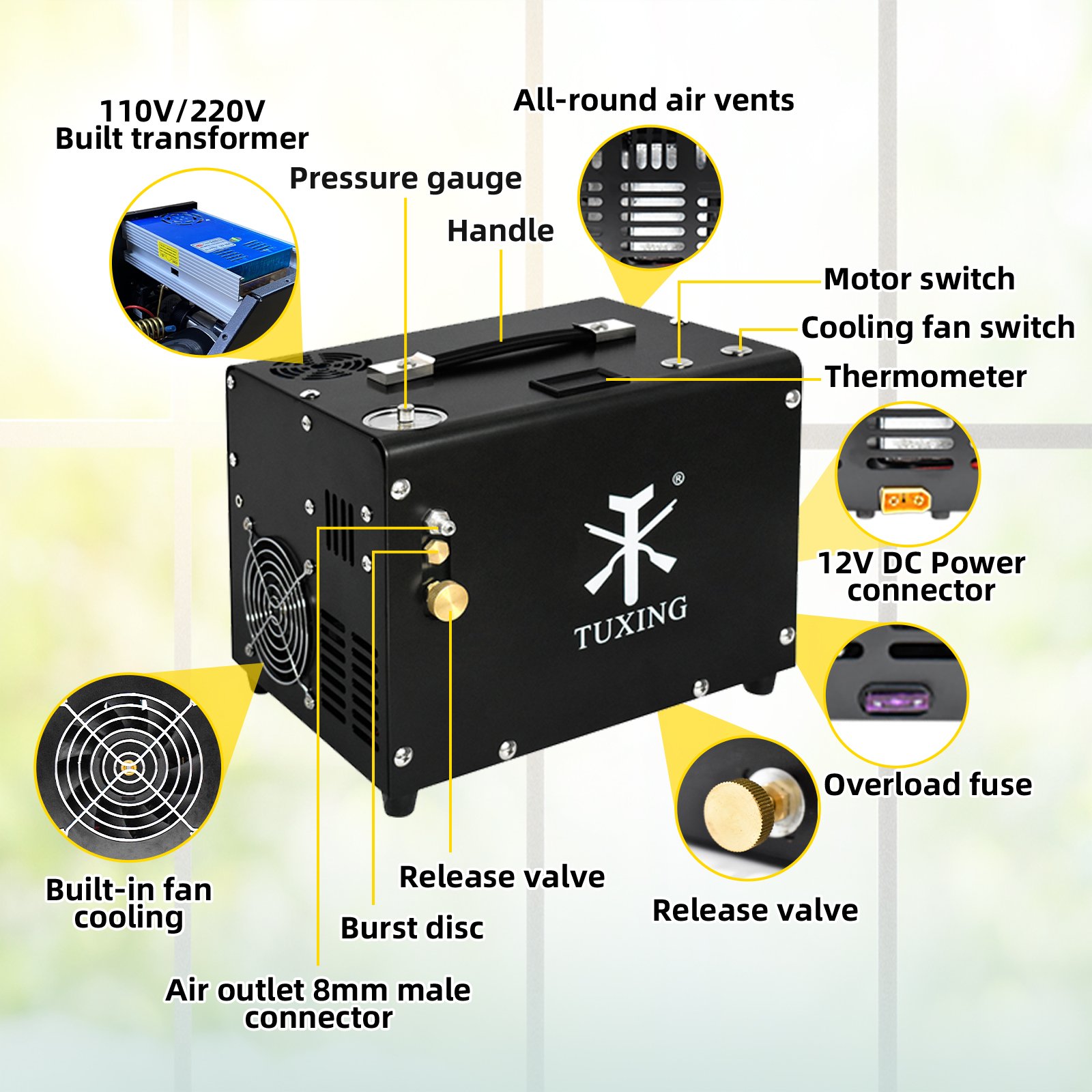 TUXING Hot Selling 12V 110V 4500psi 300bar Air Cooled Auto Shut-Off Fan Cooling Diving Paintball HPA Tank PCP Air Compressor