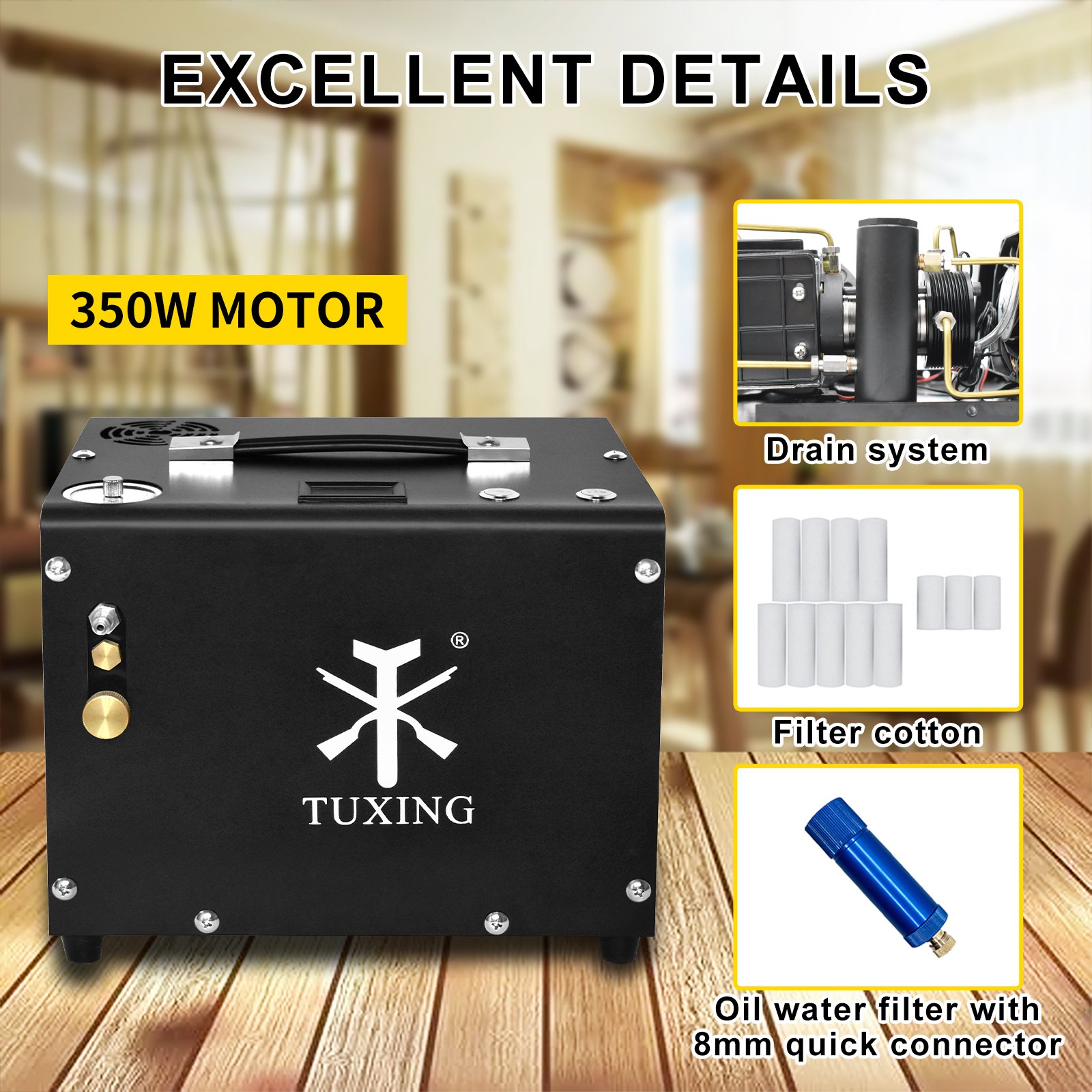 TUXING Hot Selling 12V 110V 4500psi 300bar Air Cooled Auto Shut-Off Fan Cooling Diving Paintball HPA Tank PCP Air Compressor